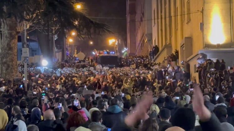 Полиция в Тбилиси пытается разогнать митингующих людей. Фото: скриншот с видео